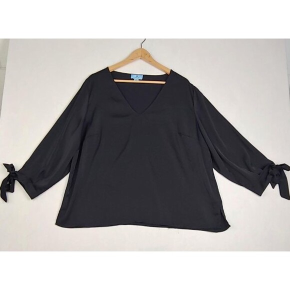 CeCe‎ Blouse Women Size 2X Black Long Sleeve Tie Cuff Top Plus Size Polyester - Picture 1 of 10